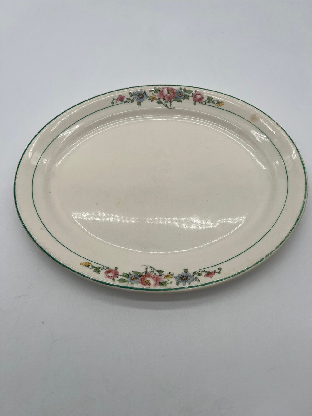 Vintage Serving Plate White Green Floral Ceramic Kitchenware Oval Dish - 11"